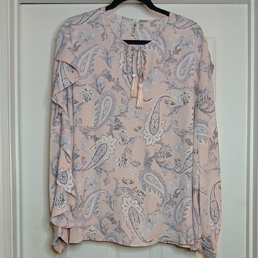 Versona Pink and Gray Ruffled Bishop Sleeve Blouse Size XXL